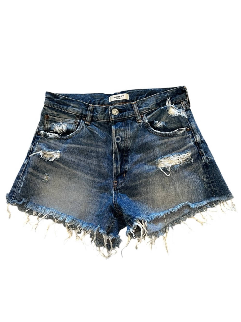 Moussy Vintage Frayed Distressed Dark Blue Denim Shorts- Size 27